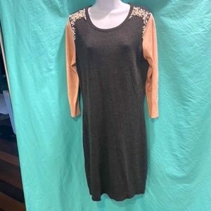 Grey and Pink Sweater Dress with Pearls and Rhinestone Accents